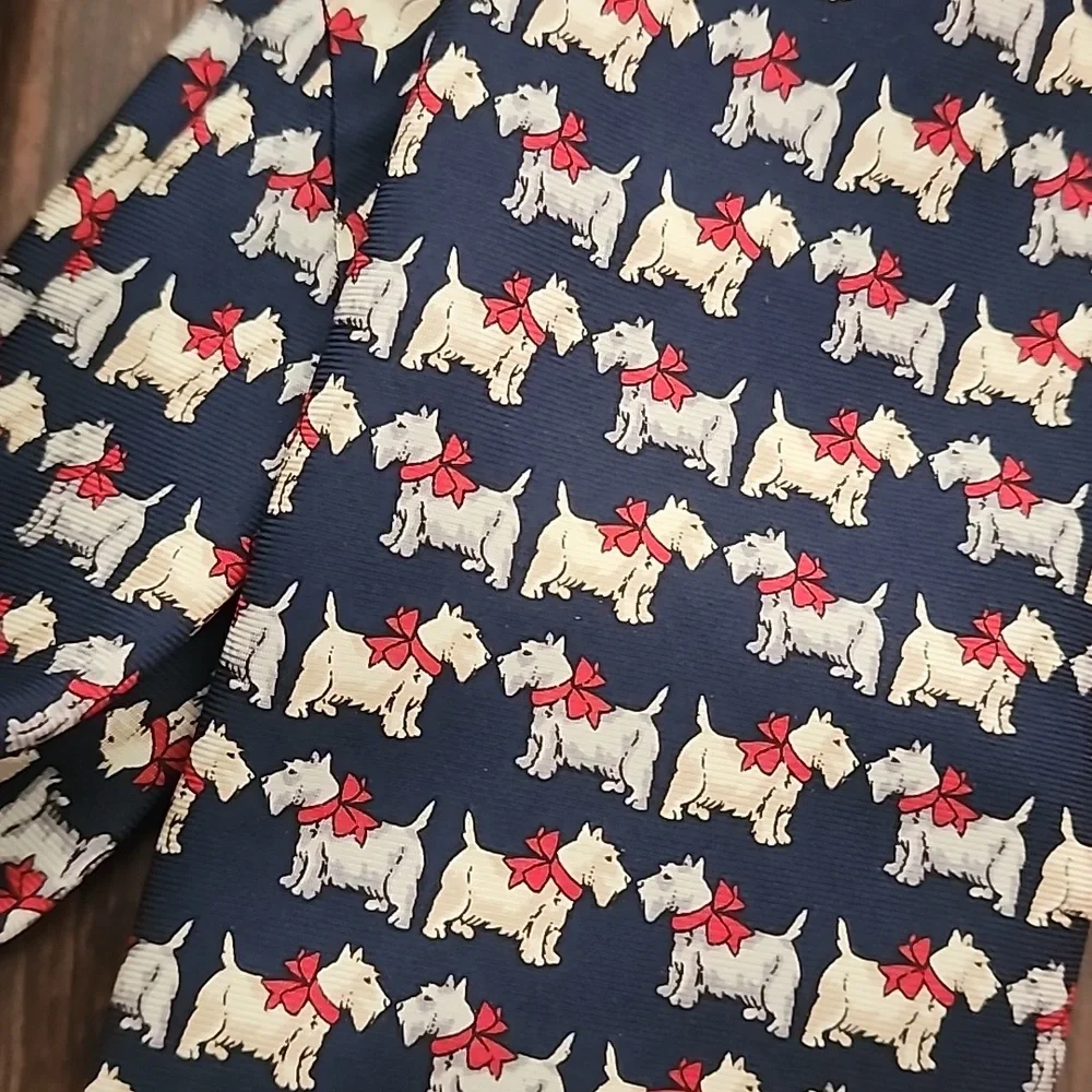 VINTAGE BEAUFORT Silk Dog Print Tie Navy Preppy Mens Necktie Yorkie Terrier